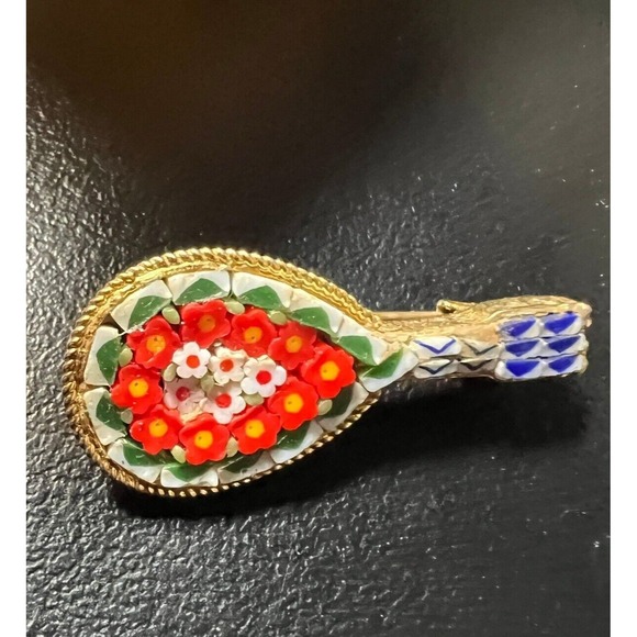 Jewelry - Vintage Micro Mosaic Lute Brooch Orange White Flowers Gold Tone Pin